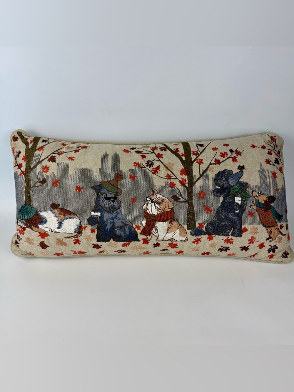 Pier 1 Large Lumbar Pillow Fall Harvest Dogs Park Collection Embroidered Leaves